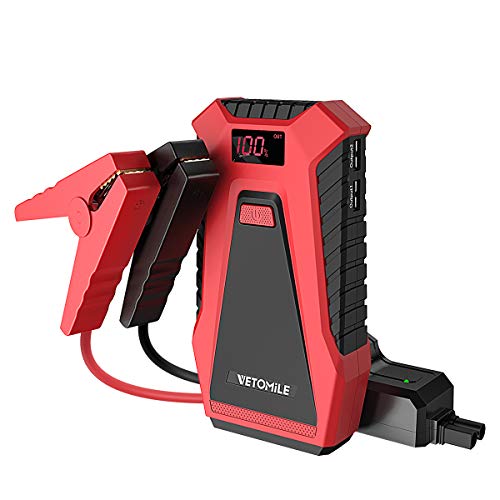 Jump Starter, 12 V vetomile 12000 mAh, 500 de Arranque de Emergencia para Coche (hasta Motor L Gas, 2.0L diésel), batería Externa con Doble Puertos USB (5 V 2.1 A/1.0 A) Booster