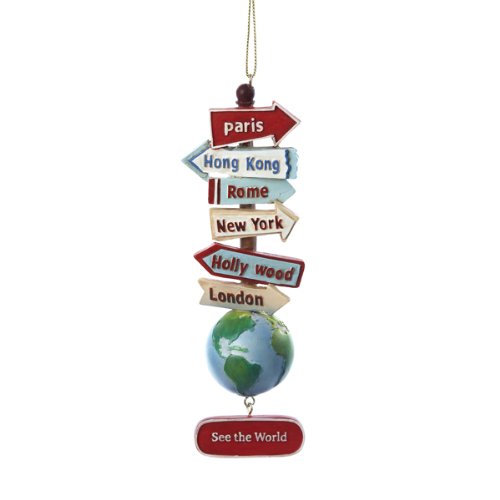 Kurt Adler STACKED WORLD SIGNS WITH GLOBE SEE THE WORLD ORNAMENT - 5.5in Multicolor Travel Occasion Ornament - Resin Material