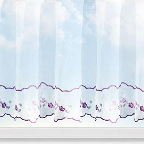 Gardinenset Voile mit Stangendurchzug Serie: Satin, Auswahl: weinrot – Blumen bestickt 5-teilig - 4