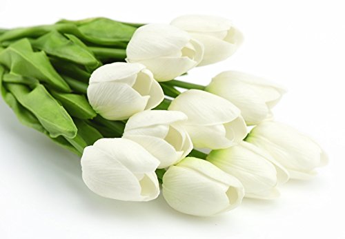 10 Stück Tulpen Gefühlsecht (Real Touch) Künstliche Blumen-Bouquet Dekoration, ideal für die Hochzeit, Braut, Party, Zuhause, Büro Dekor DIY (Weiß) - 2