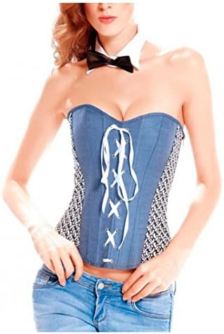 Corset Denim Bow Tie Overbust Corsets, Corsets Corse Bustier, Choker, Corsage, Burlesque, corselet, Gorset, Corpete, Korsett, Corsets, CORSET élégant, Corsets, Lingerie, espartilho -  Blue - Large