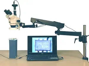 AmScope SM-8TZ-144S-10M Digital Professional Trinocular Stereo Zoom Microscope, WH10x Eyepieces, 3.5X-90X Magnification, 0.7X-4.5X Zoom Objective, 144-Bulb LED Ring Light, Articulating-Arm Boom Stand