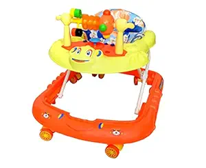 Cosmo Baby Walker with Activity Play Tray for Kids 4 Point Height Adjustable with 360? Rotating Wheels & Music for 6 Months to 2 Years Babies Children (Gun Red & Pastel Yellow)