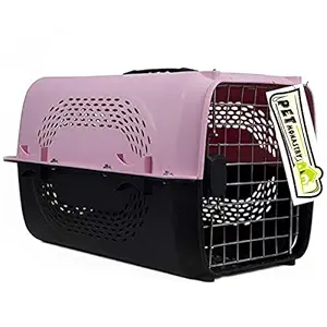 Pet Monastry Pet Travel Carrier Dog Cat Rabbit Basket Plastic Handle Hinged Door Folding Collapsible Transport Box Crate Cage for Puppies & Cats - Pink (Size 19.5 x 13 x 12.5 Inch)