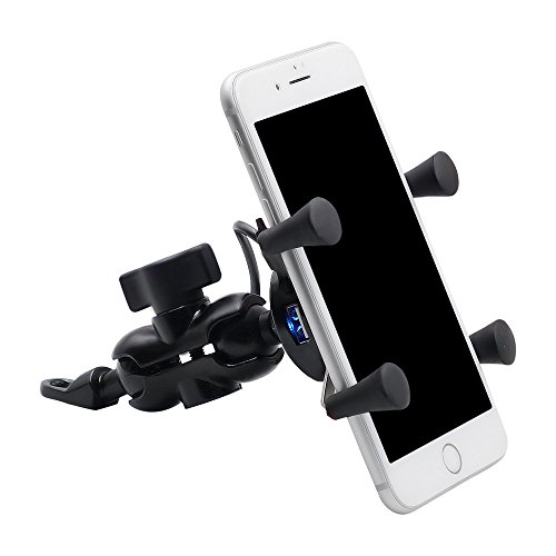 Lidauto Motorcycle Phone Mount with USB Charger X-Grip Clamp Stand Holder Universal Black