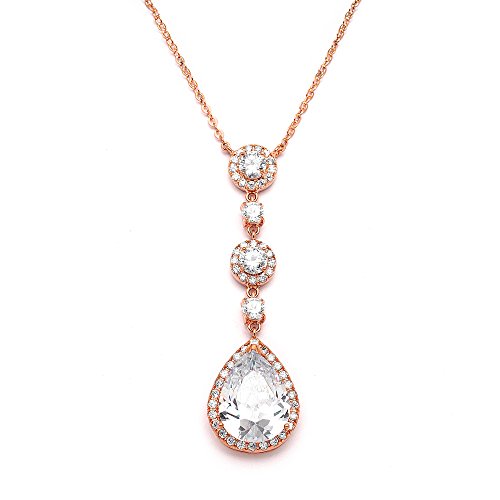 Cubic Zirconia Y-Shaped Necklace for Brides - Dangling CZ Teardrop Pear-Shaped Wedding Pendant Rose Gold
