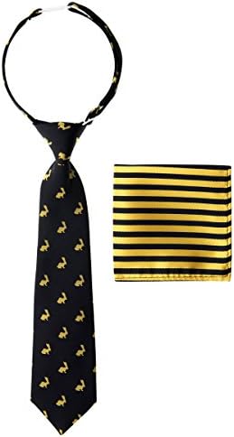Canacana Bunny Rabbit Woven Microfiber Pre-tied Boy's Tie with Stripes Pocket Square Gift Box Set - Black with Yellow - 4 - 7 years