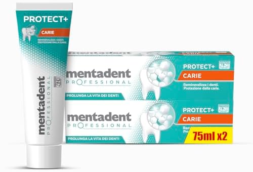 Mentadent Professional Dentifricio Protect+ Carie, Remineralizza e Protegge i Denti dalla Carie, Rinforza lo Smalto, con Minerali Bio-compatibili e con Fluoro, Formato 2x75 ml