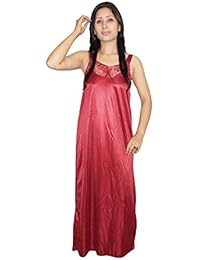 Indiatrendzs Women Maxi Night Gown Satin Maroon 2pc Set Nightwear Nighty With Robe