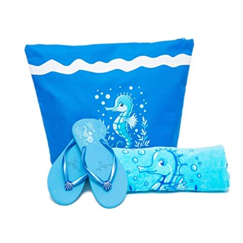 AIREE FAIREE Bolsa de Playa para Mujer + Toalla de Playa + Chanclas 3 Piezas Caballo de Mar (EU 38-39, Azul Oscuro)