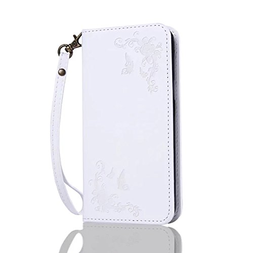 SKYXD für Samsung Galaxy J3 2016 Hülle Leder Rosen Blumen und Schmetterlings Muster,PU Folio Klappbar SchutzHülle [Brieftasche Kartenfach / Magnet / Standfunktion / Trageschlaufe] KlappHülle für mit [Krone Handyanhänger + Eingabestift] 3 in 1 Zubehör Set Handy Tasche Etui für Samsung Galaxy J3 2016 J320F J3 Duos Bookstyle Flip Case Leather Cover With [Stylus and Dust Plug]- Weiß - 2