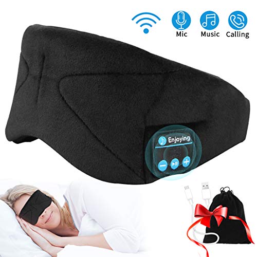 Homder Updated Bluetooth Sleep Eye Mask Headphones for Sleep/Travel/Nap/Siesta, Wireless Bluetooth V5.1 Music Sleep Eye Shades Built-in Dual Speakers Microphone, Handsfree/Washable/Adjustable - Black