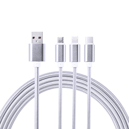 iProtect 3in1 Highspeed Ladekabel u Datenkabel aus Nylon mit USB-C, Micro USB und Apple Lightning Anschluss in Silber
