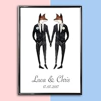 Personalisiertes Bild Fuchs Männer Schwulen Hochzeit mit oder ohne Rahmen | Hochzeitsgeschenk Geschenkidee Homoehe