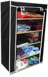 RAXON WORLD - Multipurpose|collapsible wardrobe|book case|cupboard closet|organizer for clothes|storage rack for kids|chappal stand|office and home use|5-Layer (Black)