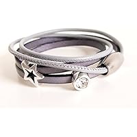 Wickelarmband Leder, Armband handmade hellgrau, mit Schmuckstein Strass und Stern