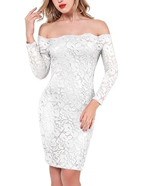 Yidarton Damen Spitzenkleid Bleistiftkleid Schulterfrei Etuikleid Langarm Knielang Partykleid Freizeitkleid Cocktailkleid