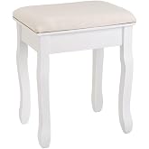 Classic vanity stool in white paulownia wood 50x30x39cm | Comfortable upholstered makeup stool, ideal for living room or mode