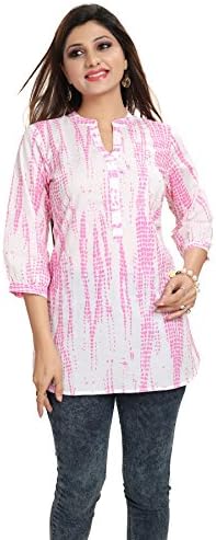 Ladies Kurti Tunic Blouse Top White with light pink pattern (Large(12/14))