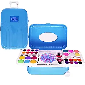 Aseenaa Trolley Type Plastic Makeup Beauty Cosmetic Kit Set for Girls and Kids | Water Removable Real Full Non-Toxic Products of Cosmetics Eye Shadow Nail Art with Portable Box | Colour : Blue