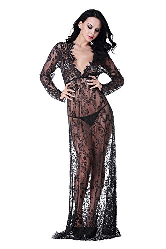 Imixcity Vestito Lungo Donna Collo V Vedere Attraverso Pizzo Abiti Abbigliamento Premaman (Nero, XL: 40/42)