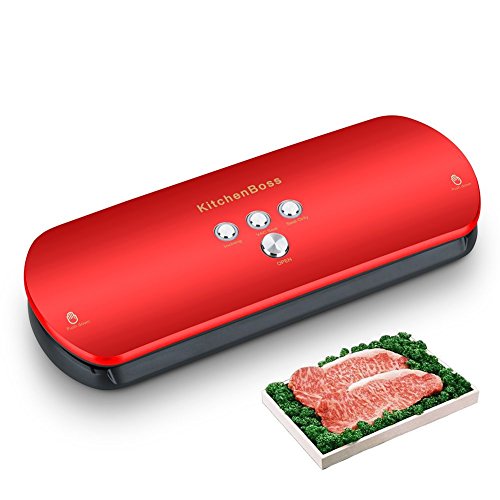 Vakuumierer, KitchenBoss Vakuumiergerät Lebensmittelverpackungsmaschine für Lebensmittel, Fleisch,Früchte, natürliche Aufbewahrung ohne Konservierungsstoffe,Vakuumregulierung,inkl. 5 gratis Profi-Folienbeutel (rote)