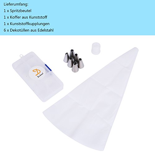Dekool Kuchen Spritztüllen Set mit 6 Stücke Garniertülle und Spritzbeutel für Keksen, Plätzchen, Pralinen, Geburtstag Tortendeko und Torten Deko Decorating Tools aus Edelstahl - 7