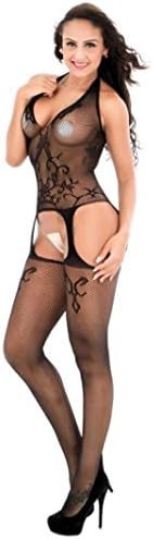 Hot Sale! Quistal Sexy Lace See Through Fishnet Halter Bodystocking With Open Crotch For Sex (Black, Free Size)