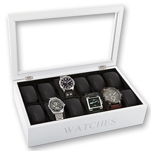 Uhrenbox für 12 Uhren inkl. Uhrenkissen im edlem Design schwarz oder weiß mit Glasfront 34 cm x 20 cm x 9 cm (Weiß)