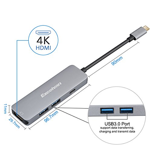 Excelvan 4 in 1 USB-C HDMI Adapter 4K, 2*USB 3.0 AnschlÃ¼sse, PD Ladeanschluss und microSD Kartenleser fÃ¼r MacBook Pro 2015/2016/2017, neues MacBook 12-Zoll, Chromebook und mehr Type-C GerÃ¤te