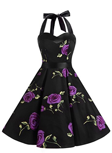 DRESSTELLS Version3.0 Vintage 1950's Audrey Hepburn pin-up Robe de soirée Cocktail Style Halter années 50 à Pois, Fleur Violette XS