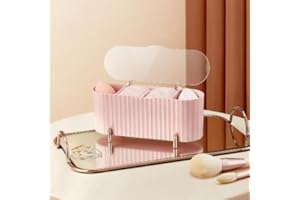 NAAPESI Organizador de Almohadillas de Maquillaje, Dispensador de Almohadillas de Algodón de 3 Compartimentos, Caja de Bastoncillos Algodonero con Tapa, Organizador de Maquillaje de Baño y Tocador (Rosa)