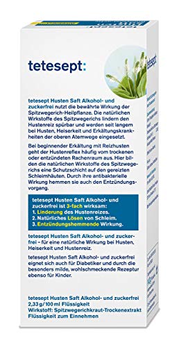tetesept Husten Saft alkohol- und zuckerfrei – Hustensaft mit Spitzwegerich - erleichtert das Abhusten, wirkt schleimlösend & reizlindernd – 5 x 140 g