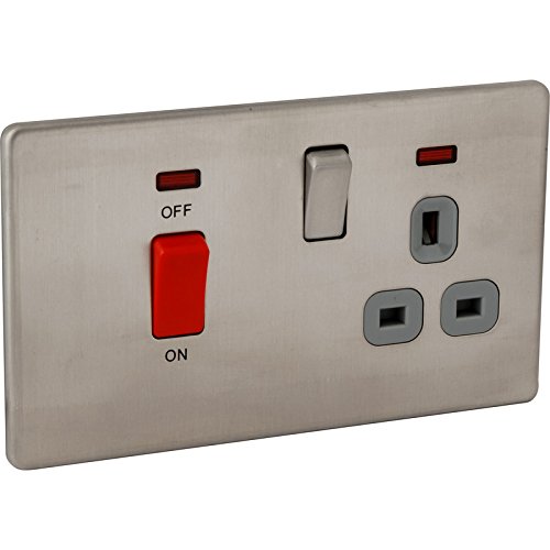 Screwless Flat Plate Brushed Stainless Steel 45A DP Switch Switch & 13A Switch Sockets & Neon