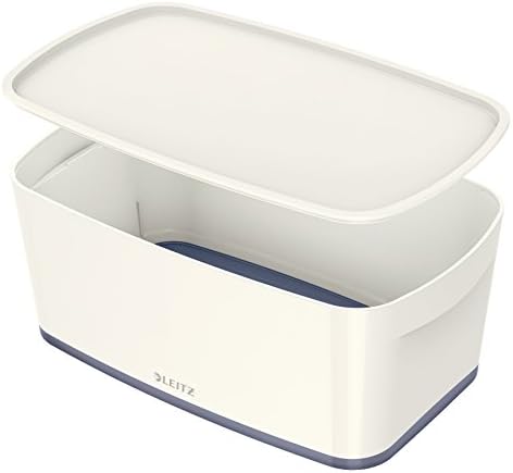 Leitz Small MyBox with Lid, Storage Box for Home and Office, High Gloss Plastic, 5 Litre, A5, White/Grey