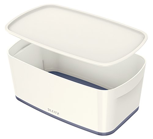 Leitz Small MyBox with Lid, Storage Box for Home and Office, High Gloss Plastic, 5 Litre, A5, White/Grey