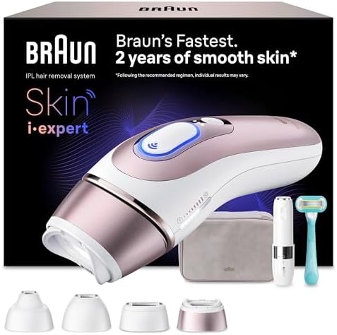 Braun Skin I·Expert Epilatore Luce Pulsata Smart, Epilazione Laser Peli Donna a Casa, Riduzione Permanente Peli, App Gratuita, Pochette, Mini Depilatore Viso, Rasoio Gillette Venus, 4 Testine, Pl7432