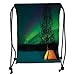 Produktbild GONIESA Drawstring Sack Backpacks Bags,Northern Lights,Camping Tent Under Magnetic Field Nature Picture,Lime Green Dark Blue Earth Yellow Soft Satin,5 Liter Capacity,Adjustable String Closure,T