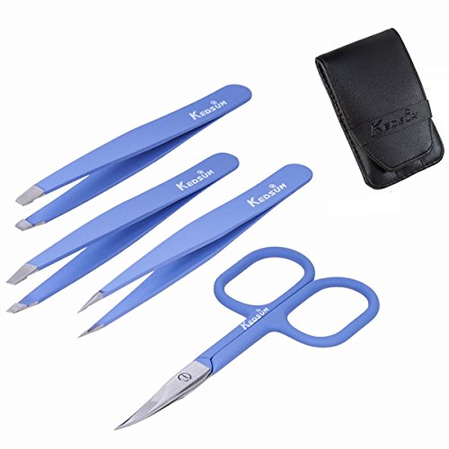 KEDSUM 4 Piece Stainless Steel Tweezers Set - Slant, Straight,Pointed Tip and Nail Scissor,Precision Tweezer for Eyebrow Shaping, Ingrown Hair & Splinter Removal
