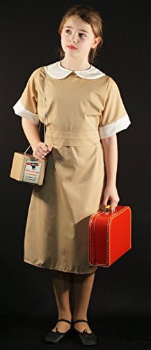 1940's-WW2-Wartime COMPLETE CAMEL BROWN EVACUEE DRESS WITH GAS MASK BOX &amp; SUITCASE World Book Day Fancy Dress Costume TEEN