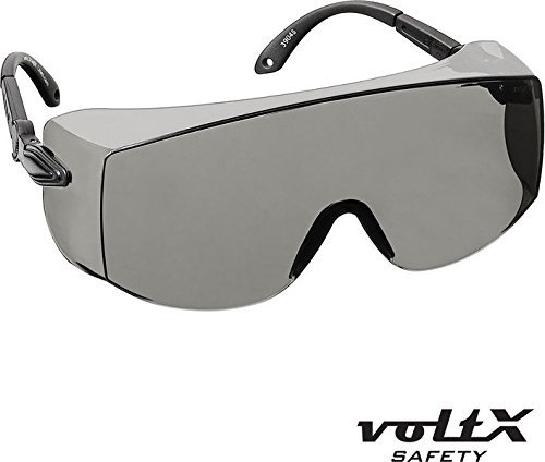 voltX 'OVERSPECS' Gewerbliche Schutzbrille für Brillenträger im Industriewesen - CE EN166f zertifiziert (rauchgraue Scheibe) - individuell anpassbarer Bügel - beschlagfrei, kratzfest, UV380 Schutz - Safety Overglasses
