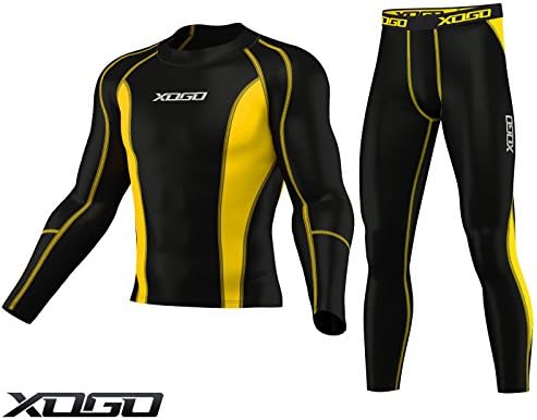 XOGO Mens Compression Armour Base layer Top Skin Fit Shirt + Leggings set (Black/Yellow Set ( Top + Bottom), Small)