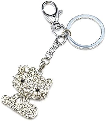 pt1178e – Keyring/Bag Charm – Cat Metal Rhinestones Silver Bow Charm
