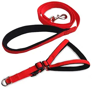 VIP Collection Pet Nylon Soft Padded Body Reflective Adjustable Breathable Long Set-Leash & Harness Collar for Puppy Outdoor Training and Running Set (Small, Red Black)