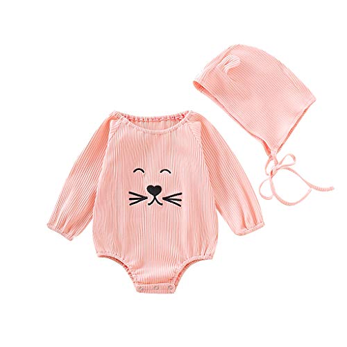 MoneycomNouveau-né Nourrisson bébé garçons et Filles Manches Longues Bande dessinée Barboteuse Body + Tenues de Chapeau Anniversaire Le Mariage et Les Parties Rose(3-6 Mois)