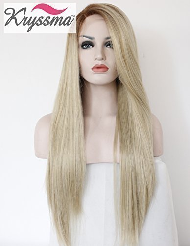 K'ryssma Women's Ombre Blonde Brown Roots Long Synthetic Lace Front Wigs Soft Straight Hair Realistic Full Wig Half Hand Tied Heat Resistant Fiber 22 inch
