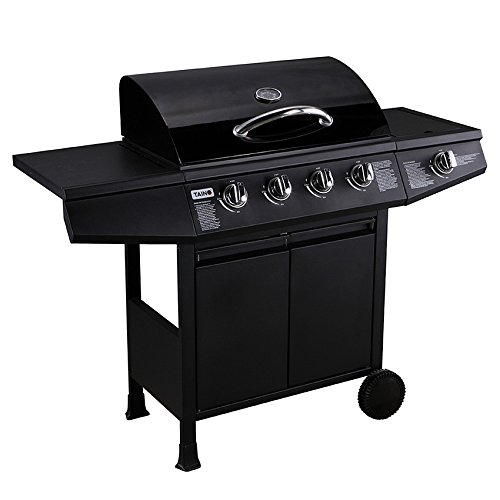 TAINO® Gasgrill BBQ Grillwagen 4 Edelstahl-Brenner 1 Seitenkocher Gas-Grill TÜV Farbe Schwarz (4+1)