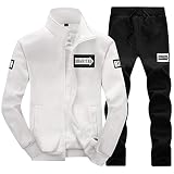 VRTUR Herren Winter Warm Trainingsanzug Mit Kapuze Zwei-Teilig Jogginganzug Casual Sportanzug Langarm Freizeitanzug(M,G-Weiß)