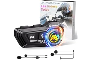 Moman Auriculares Casco Moto - Asistente de Voz, RS-H4P Manos Libres Auriculares Inalámbricos HiFi Estéreo Dual Reducción de Ruido Batería 1000mAh/RGB/Radio FM/Botón Apto para Guantes (Black-H4P)