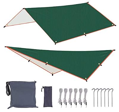 Hiwalker 3 x 3m Camping bâche de Tente Anti Pluie Ultra Leger Ripstop hamac tarp Shelter Anti-UV Housse de Protection bushcraft Portable Toit de Tente (Vert)